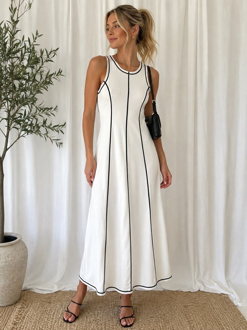 Donna Morgan White Sheath Long Dress Contrast Trim Lined Round Neck Sz 10